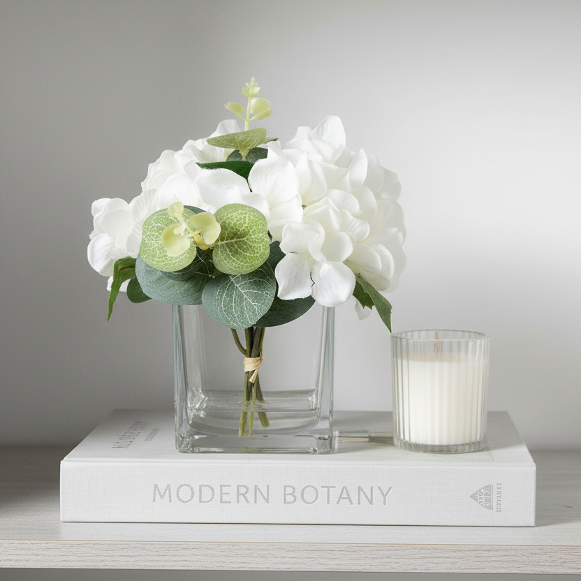 White Hydrangea in Square Vase 17cm