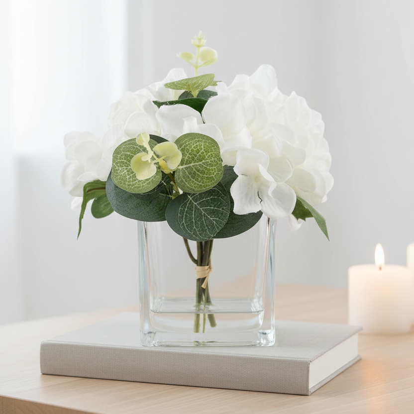 White Hydrangea in Square Vase 17cm