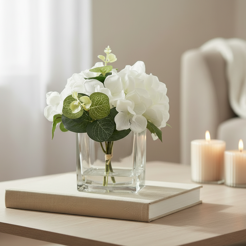 White Hydrangea in Square Vase 17cm