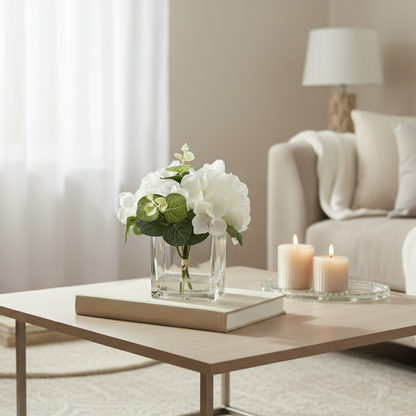White Hydrangea in Square Vase 17cm
