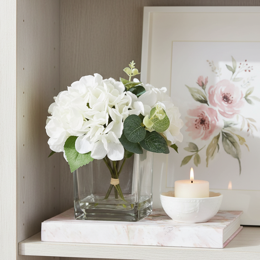 White Hydrangea in Square Vase 17cm