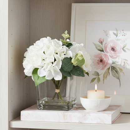 White Hydrangea in Square Vase 17cm