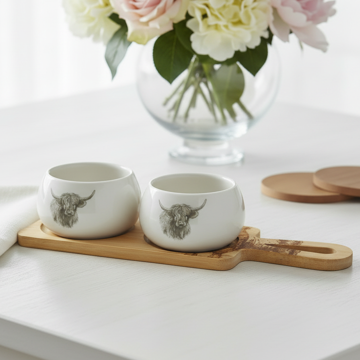 Highland Cow Bowls on Bamboo Tray