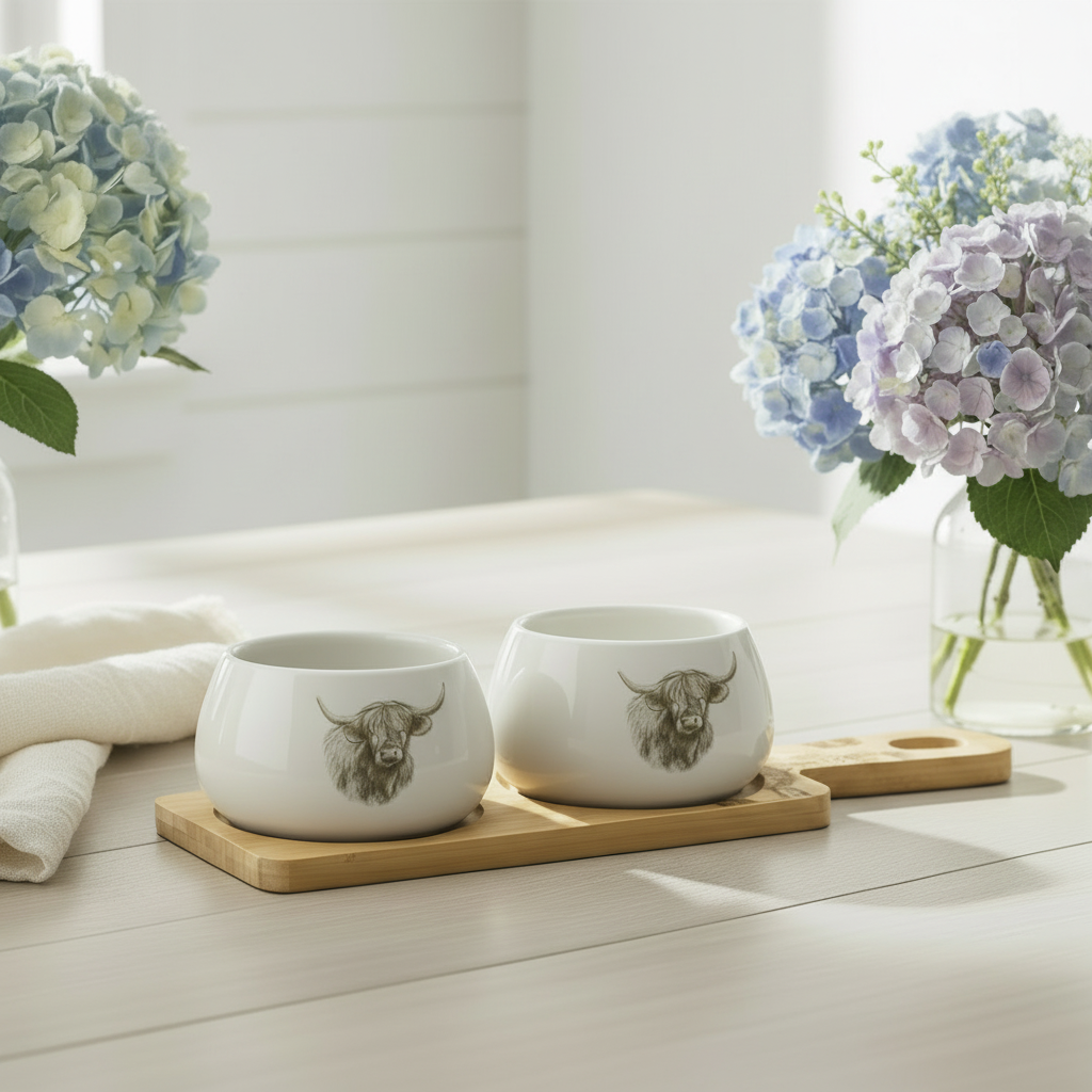 Highland Cow Bowls on Bamboo Tray