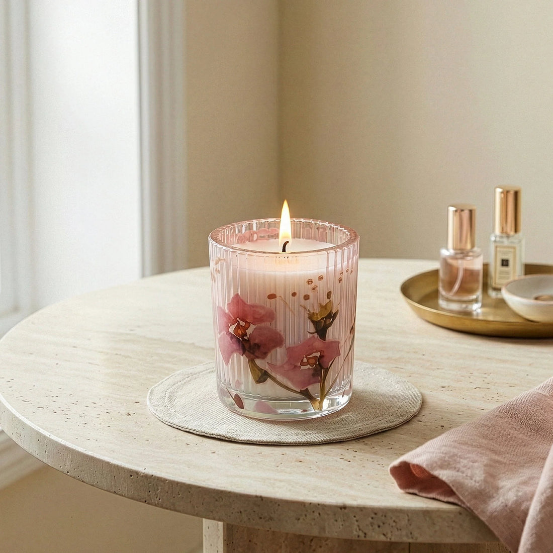 Agapanthus &amp; Cherry Fruit Ridged Glass Candle