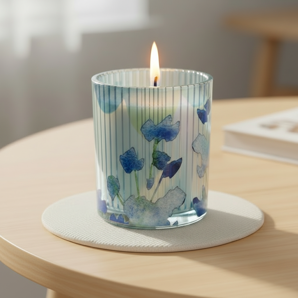 Bluebell &amp; Hydrangea Ridged Glass Candle