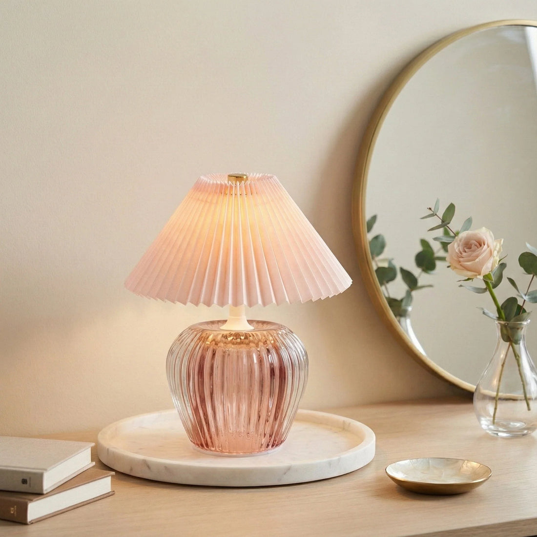 Rose Pink Glass LED Table Lamp with Pleated Shade
