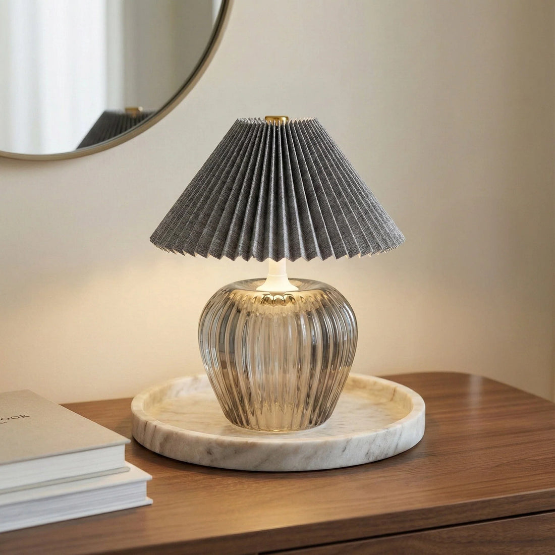 Smokey Grey Glass LED Table Lamp with Pleated Shade