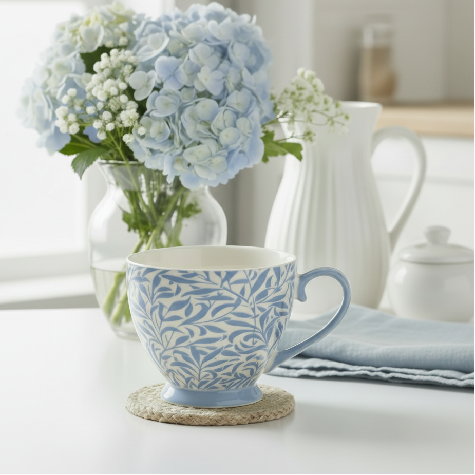 Blue Leafy Trellis Footed Mug