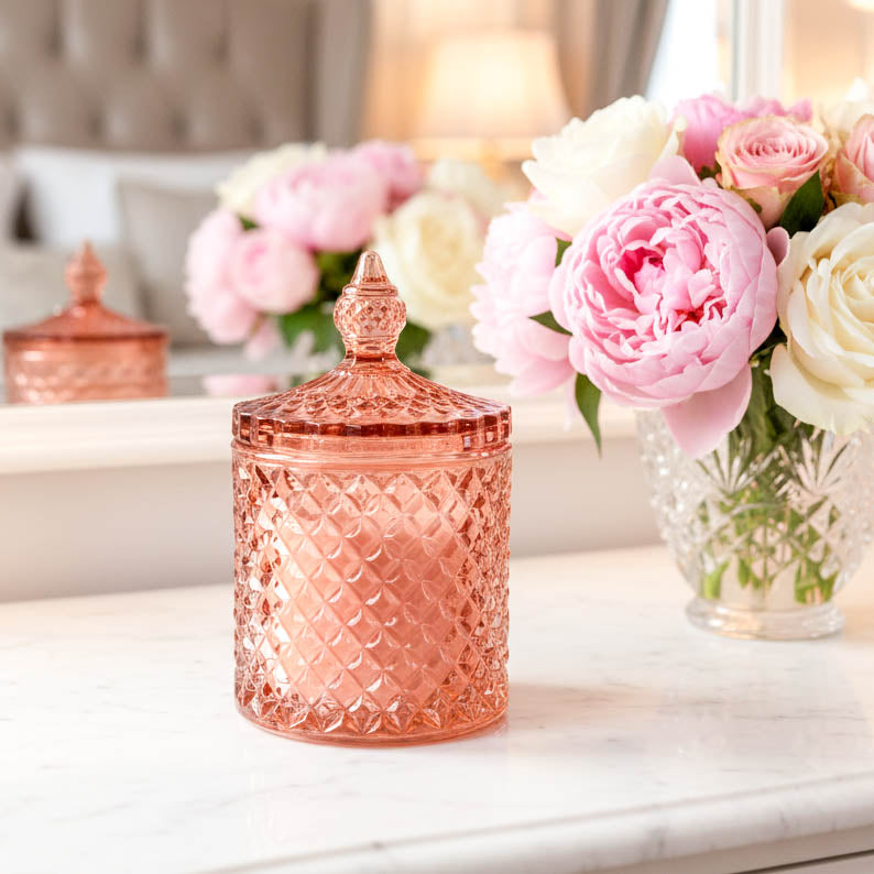 Embossed Pink Amber Glass Jar Scented Candle
