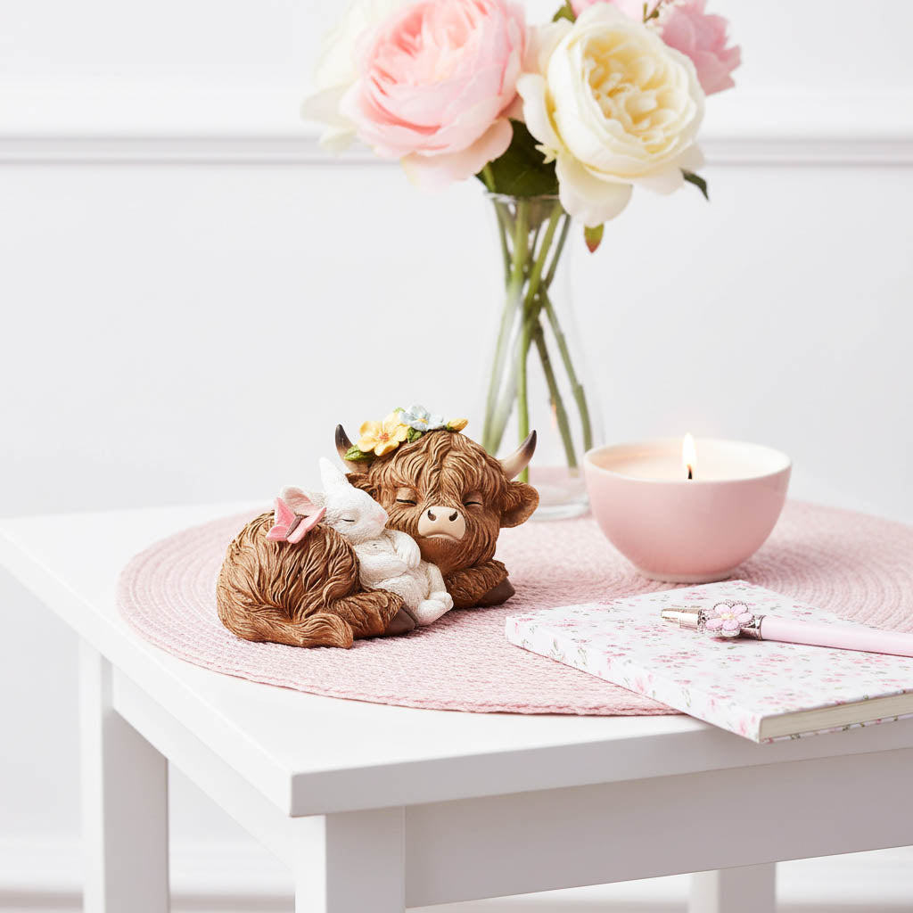 Sleeping Highland Cow with Bunny