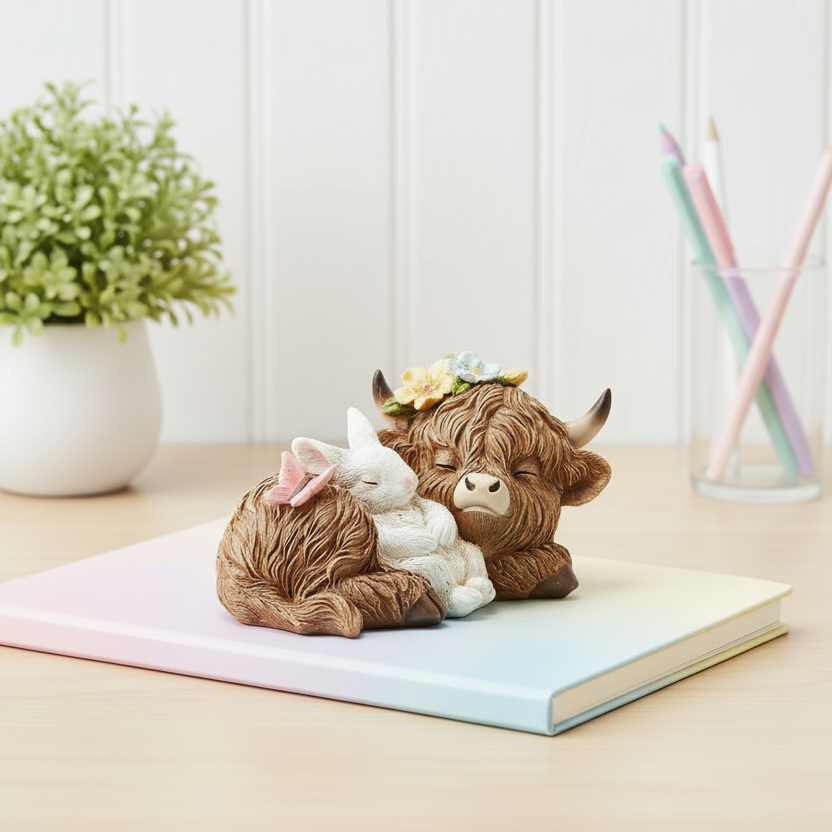 Sleeping Highland Cow with Bunny