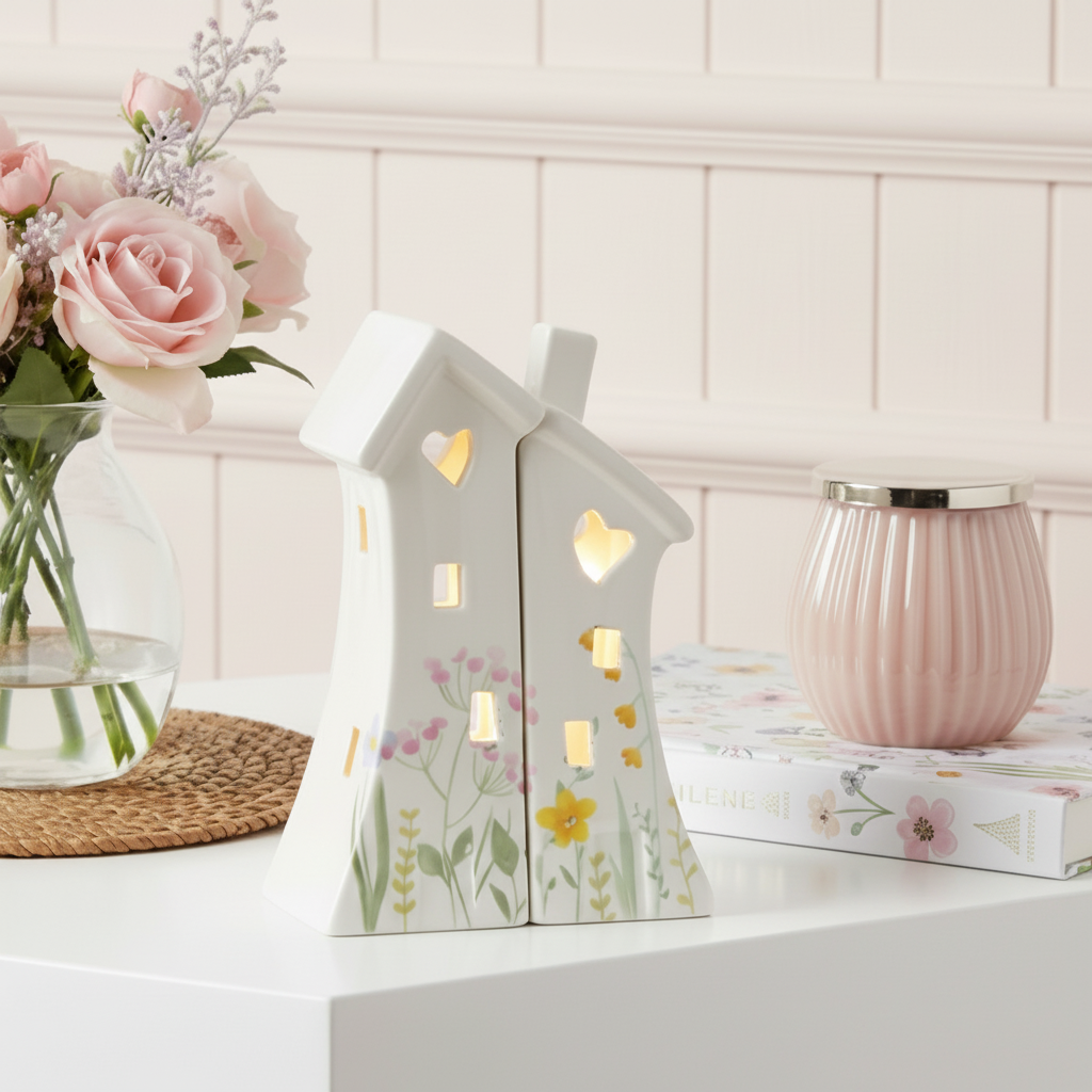 White Floral LED House Set