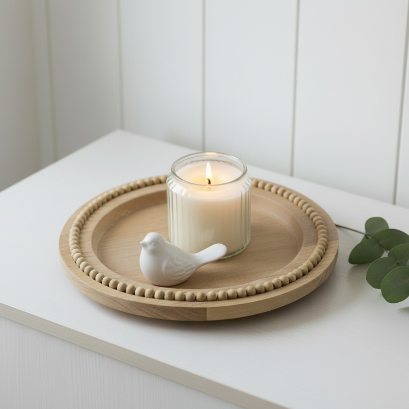 Round Mango Wood Beaded Styling Tray 30cm