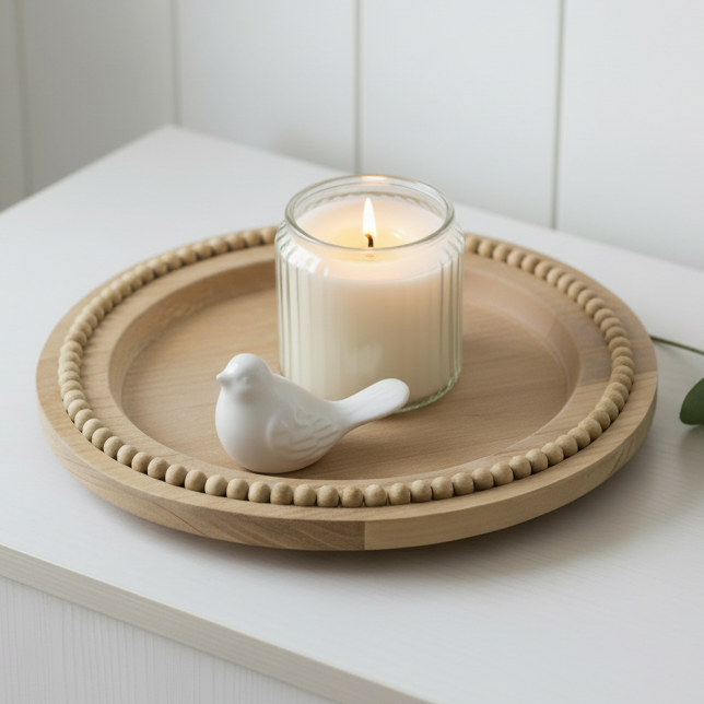 Round Mango Wood Beaded Styling Tray 30cm