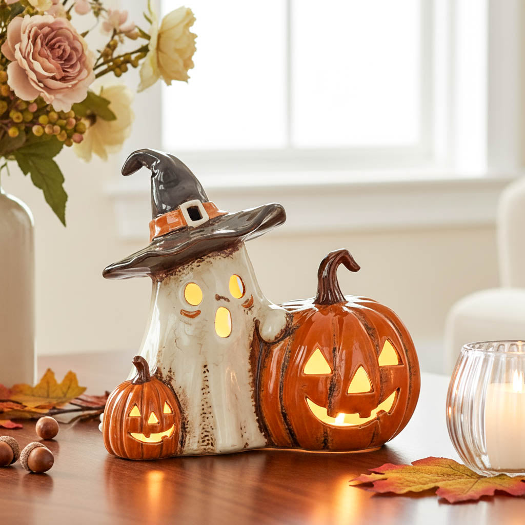 Village Pottery Ghost and Pumpkins Tealight Holder