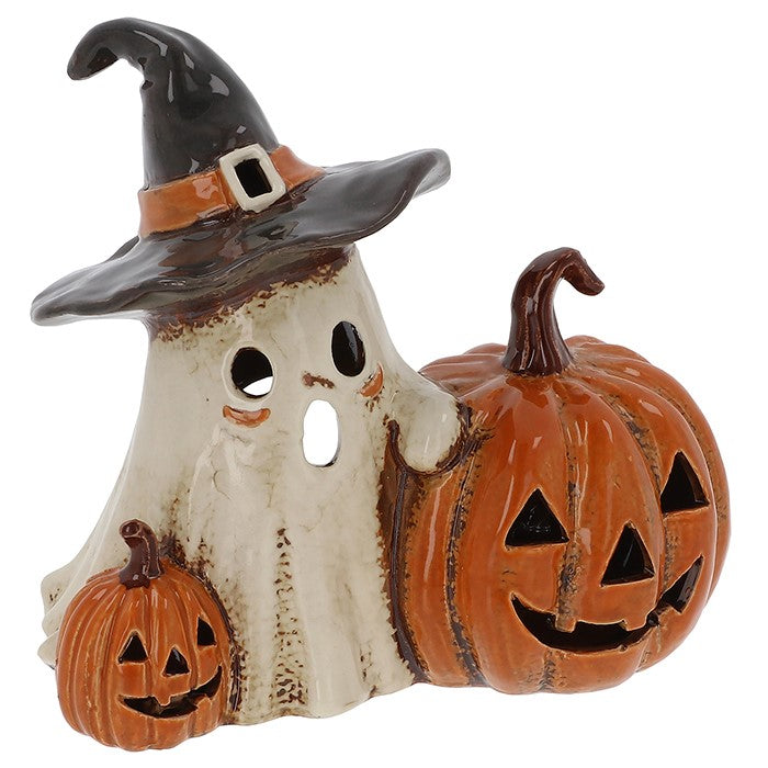 Village Pottery Ghost and Pumpkins Tealight Holder