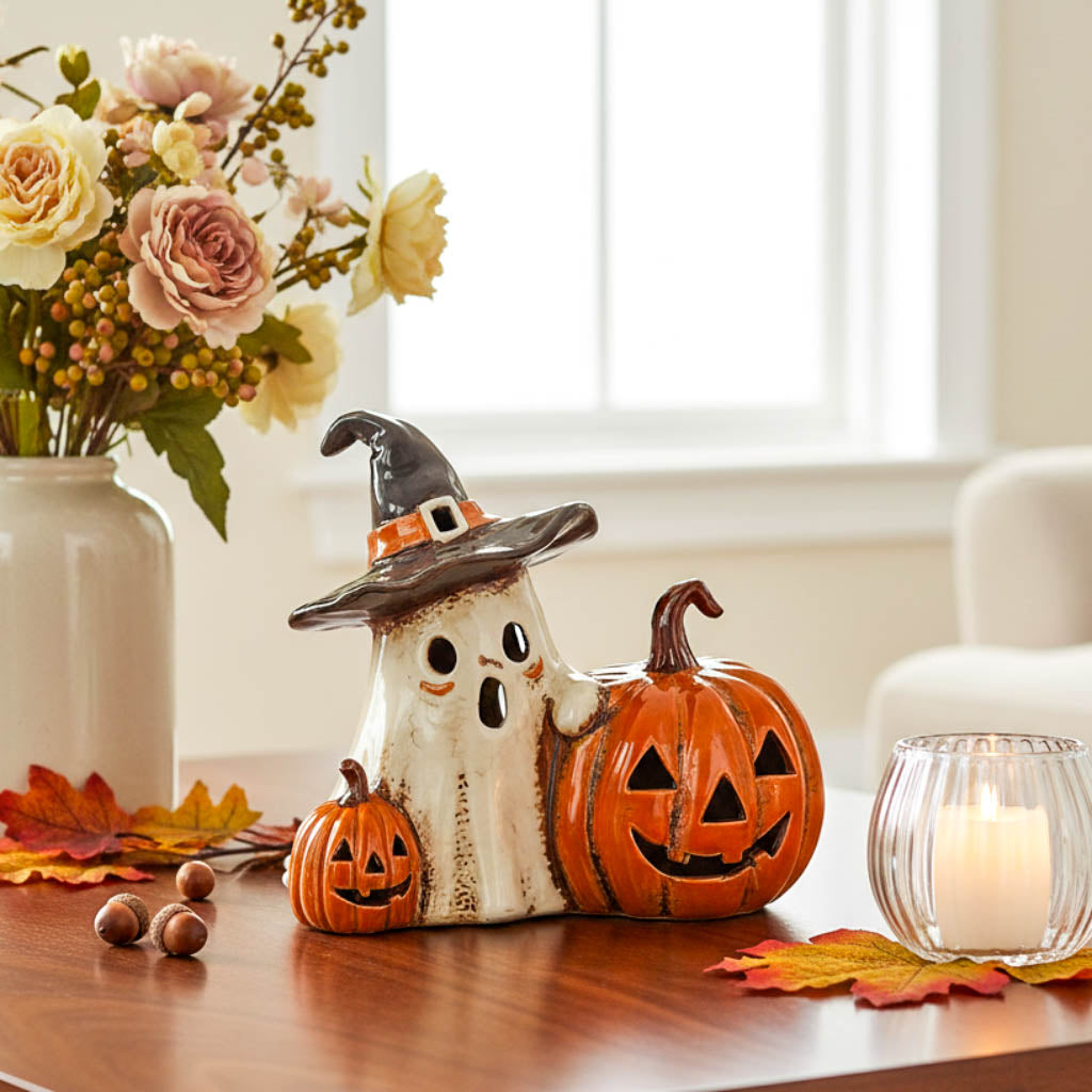 Village Pottery Ghost and Pumpkins Tealight Holder