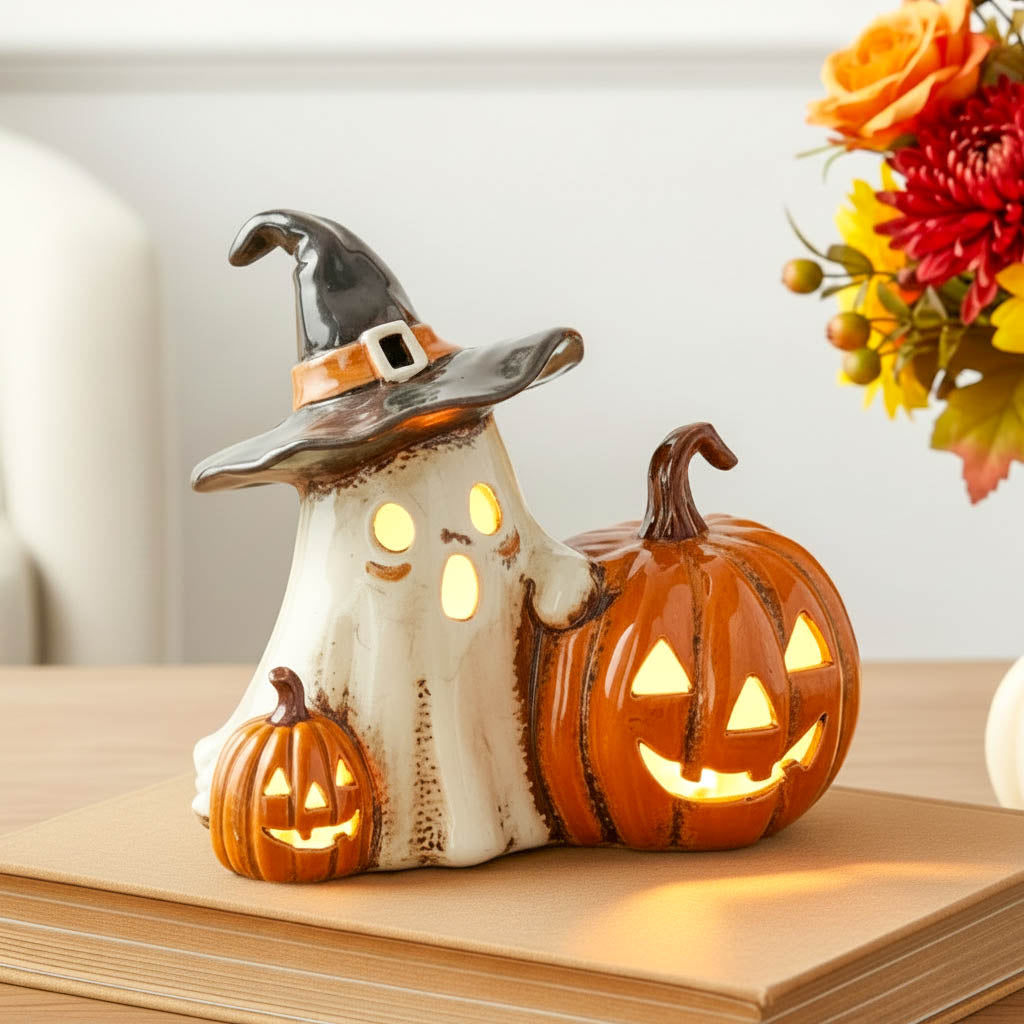 Village Pottery Ghost and Pumpkins Tealight Holder