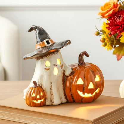 Village Pottery Ghost and Pumpkins Tealight Holder