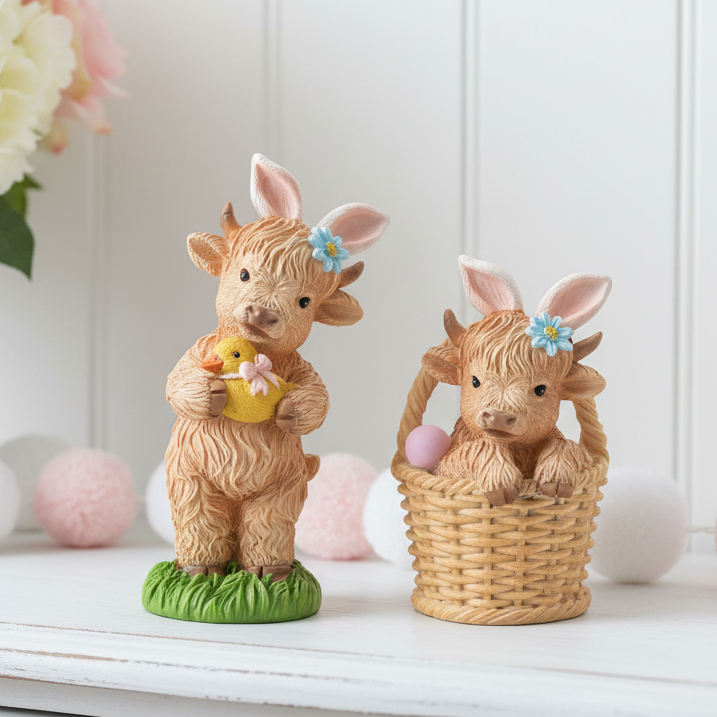 Highland Cow in Easter Basket Figurine
