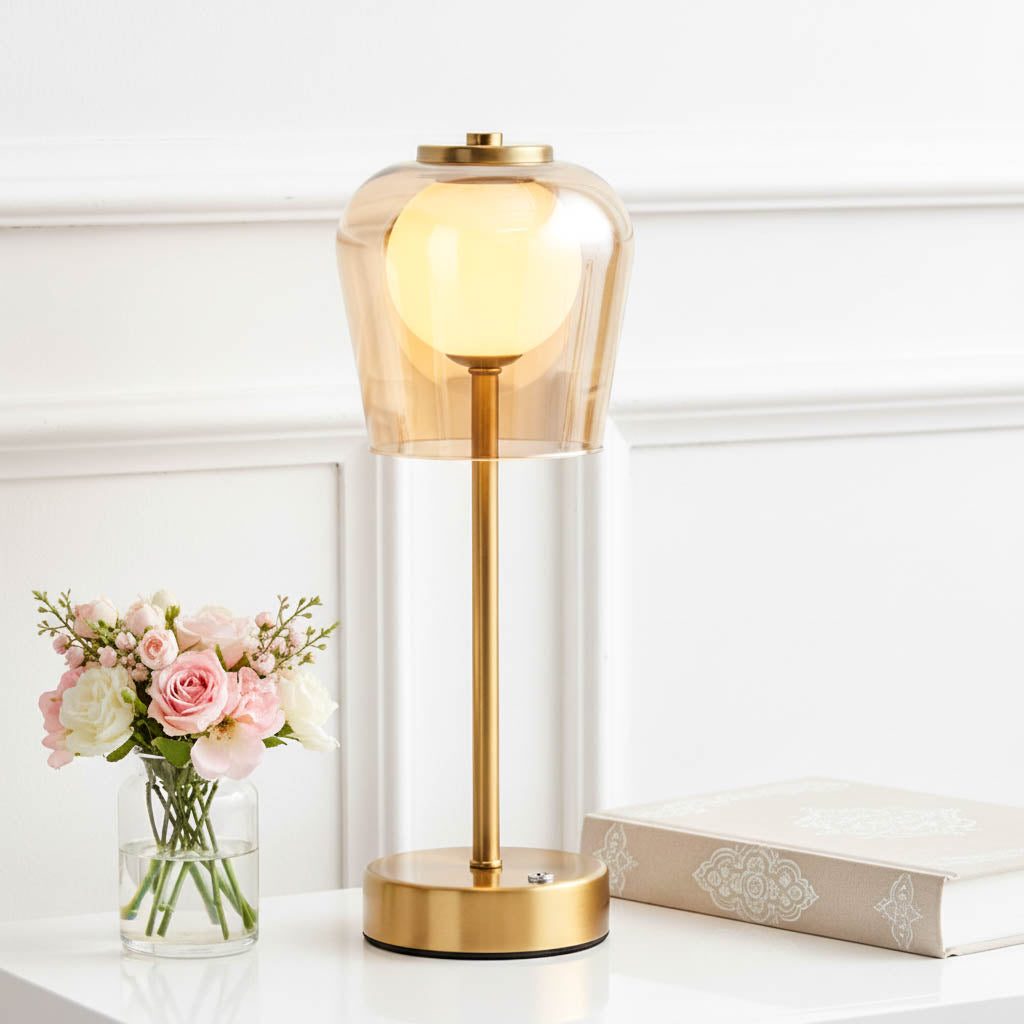 Bronze USB LED Touch Table Lamp with Glass Shade
