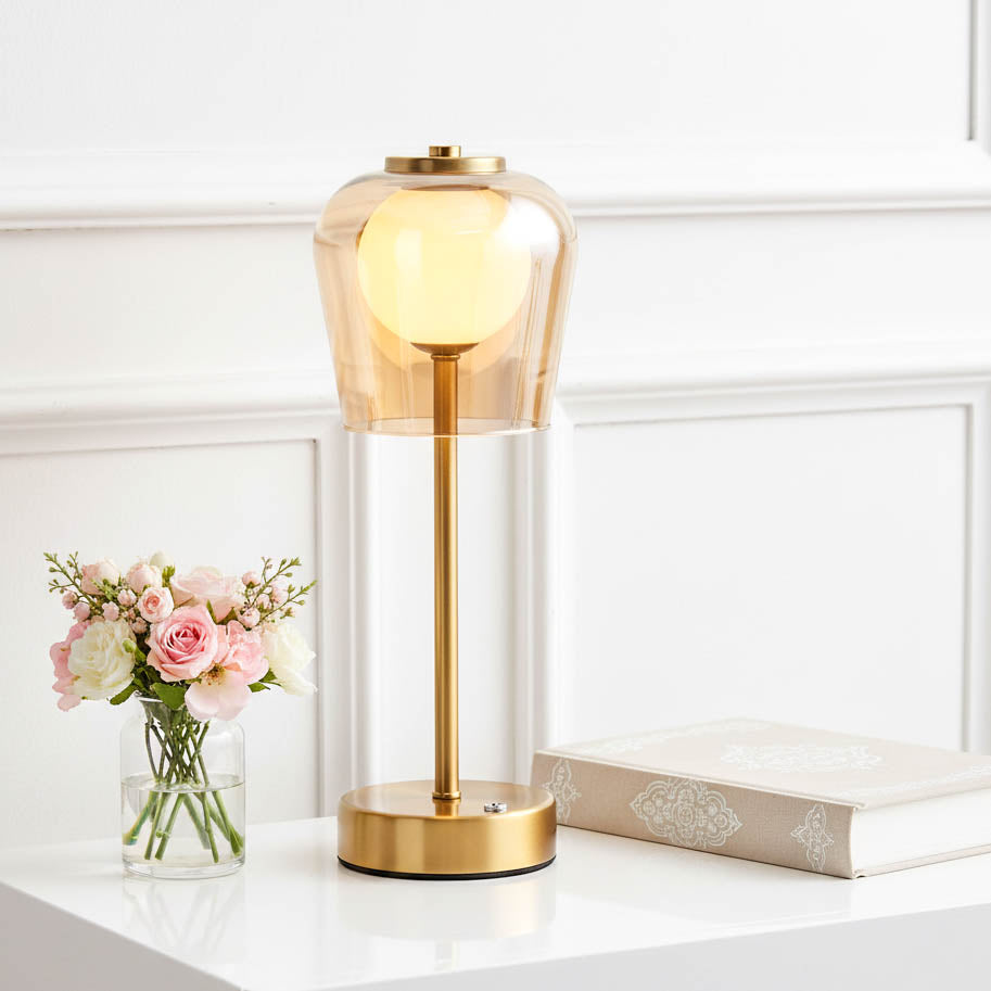 Bronze USB LED Touch Table Lamp with Glass Shade