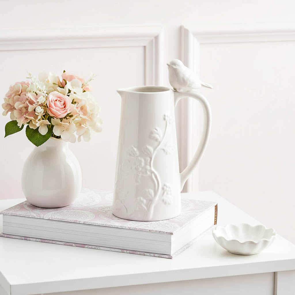 White Floral Embossed Jug with Bird