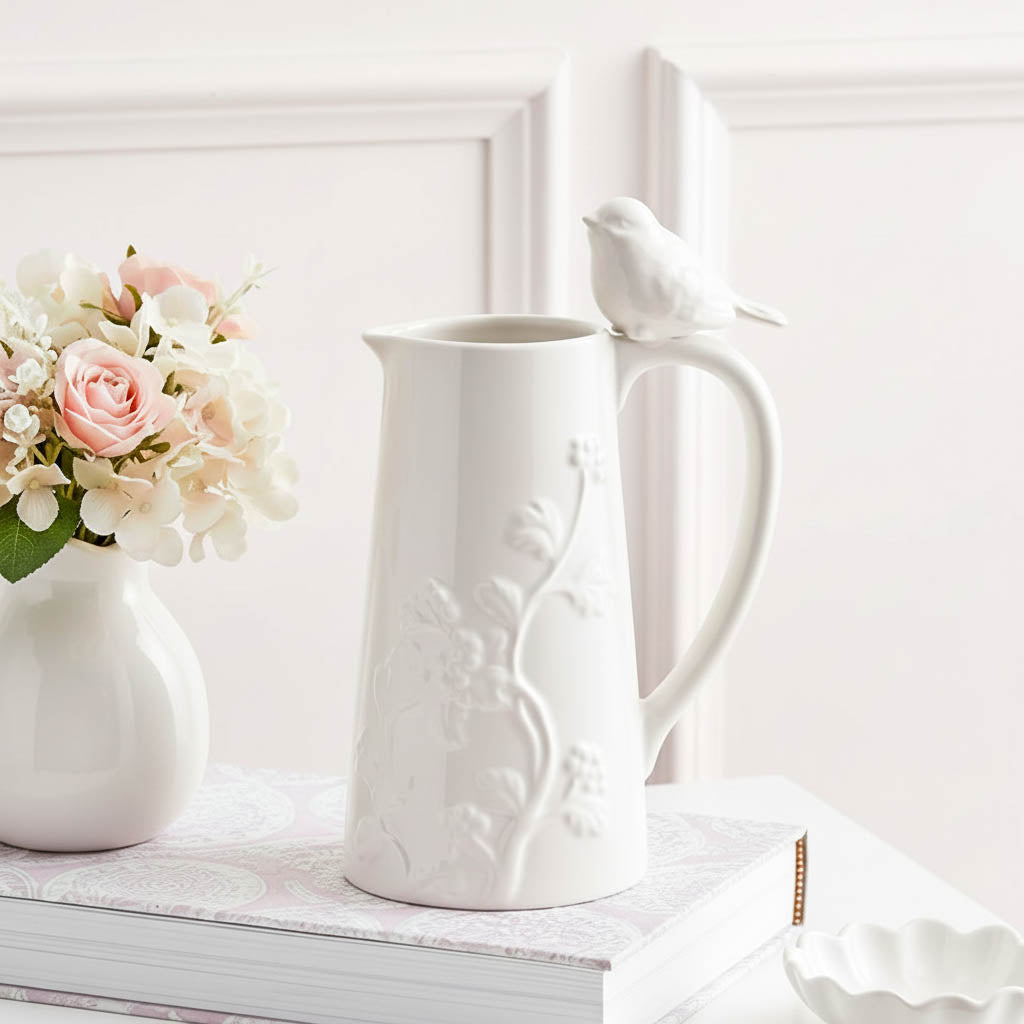White Floral Embossed Jug with Bird