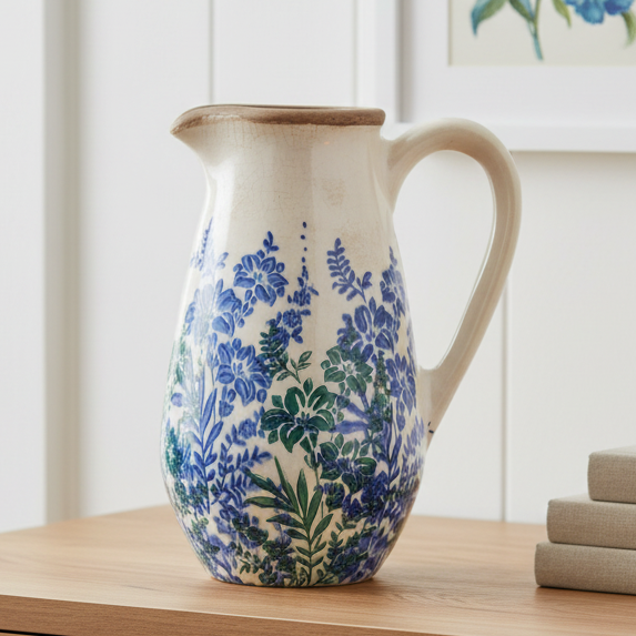 Vintage Indigo Floral Pitcher Vase