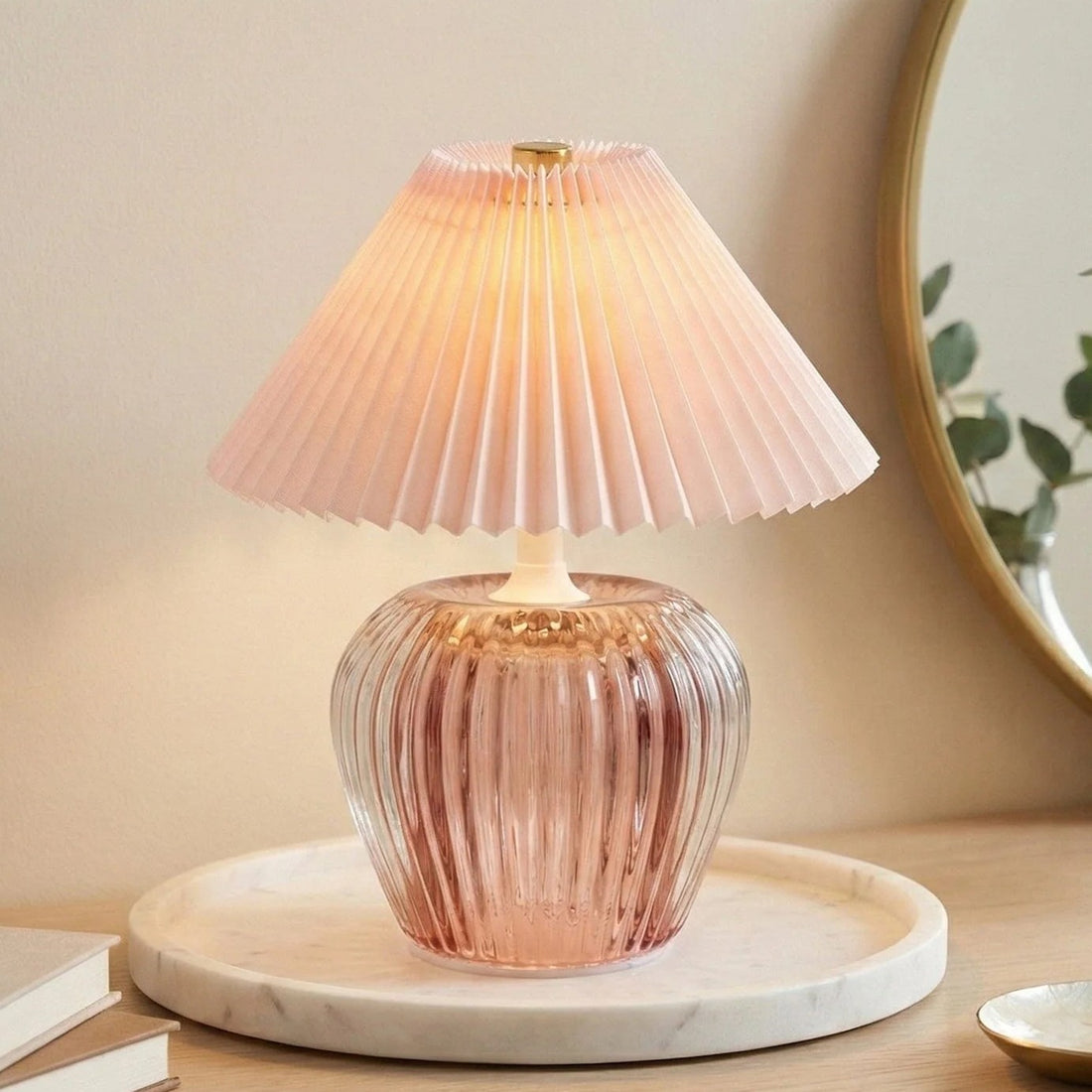 Rose Pink Glass LED Table Lamp with Pleated Shade