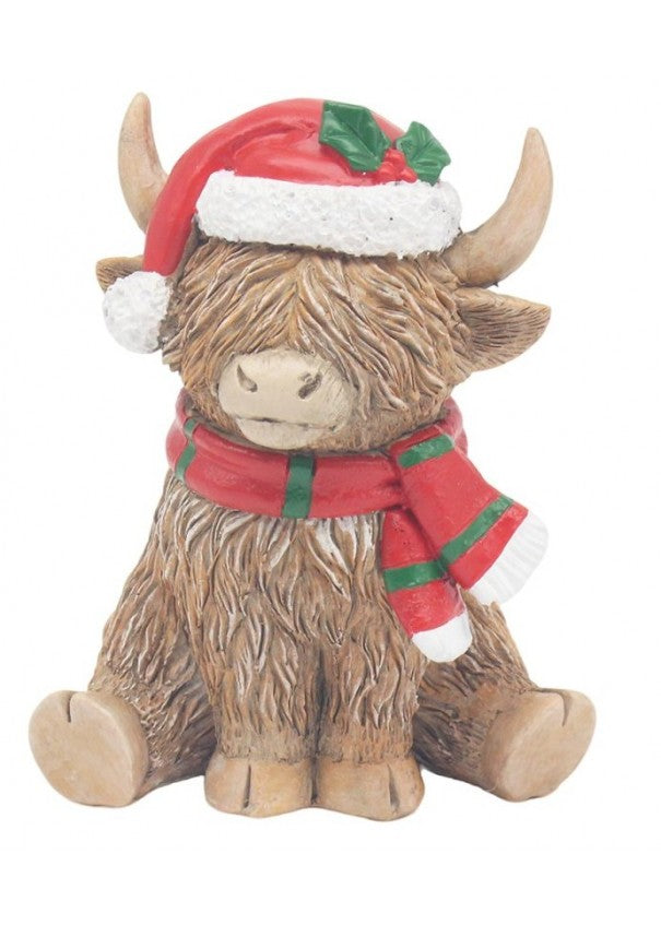 Christmas Highland Cow with Hat &amp; Scarf