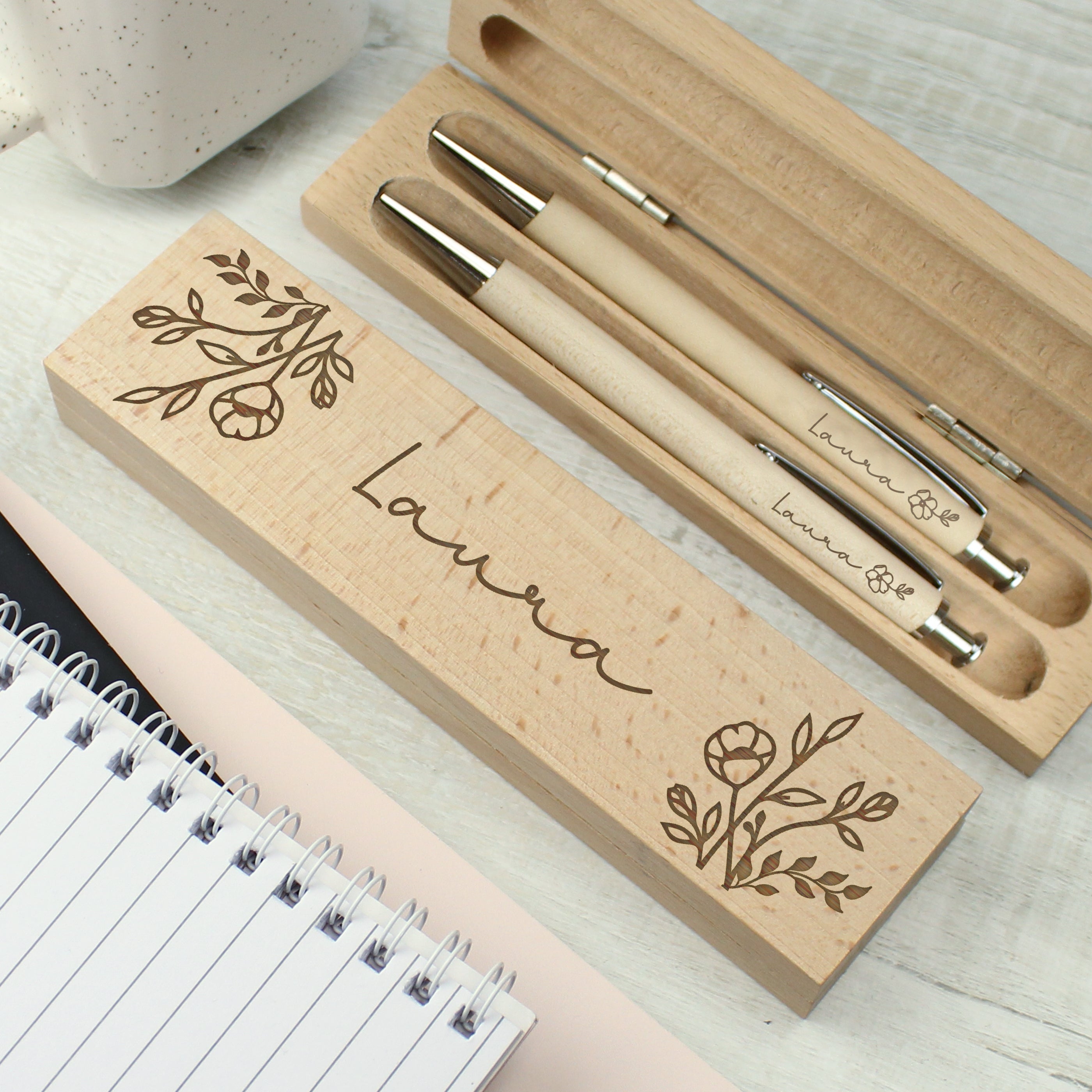 Personalised Floral Wooden Pen &amp; Pencil Set