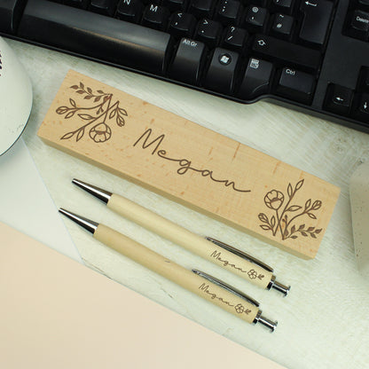 Personalised Floral Wooden Pen &amp; Pencil Set