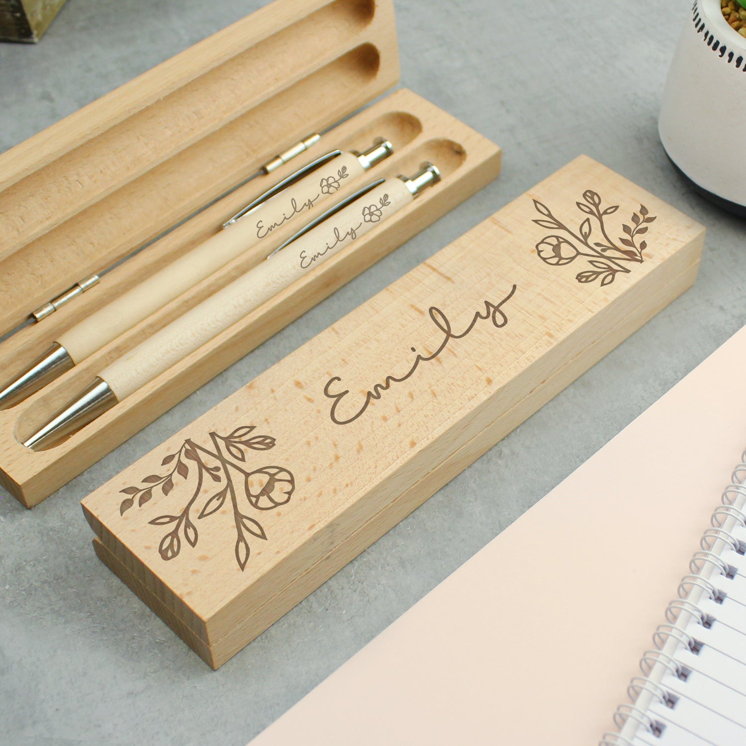 Personalised Floral Wooden Pen &amp; Pencil Set