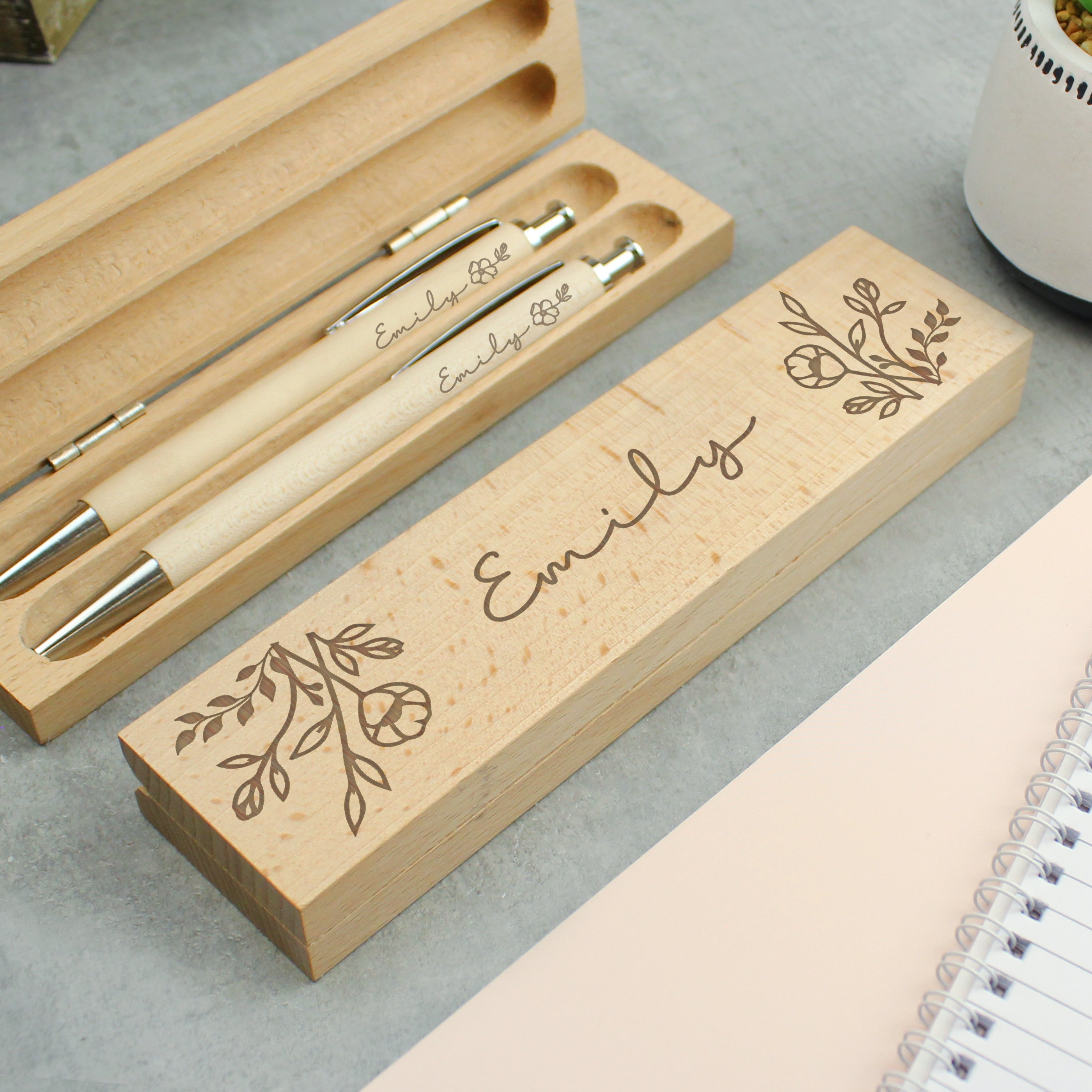 Personalised Floral Wooden Pen &amp; Pencil Set