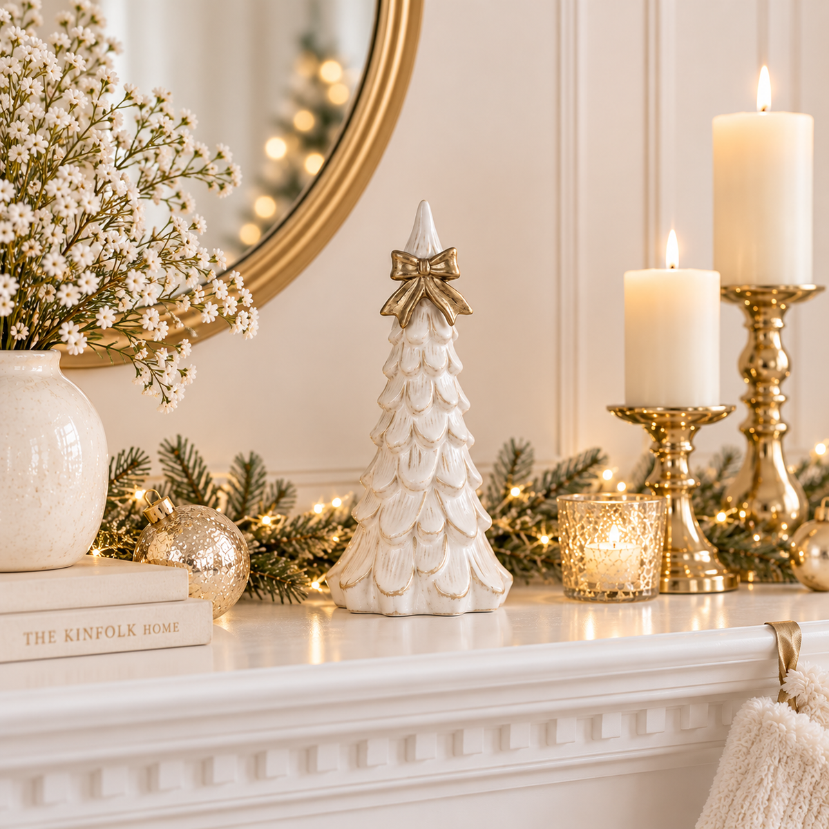 White Ceramic Tree with Gold Bow