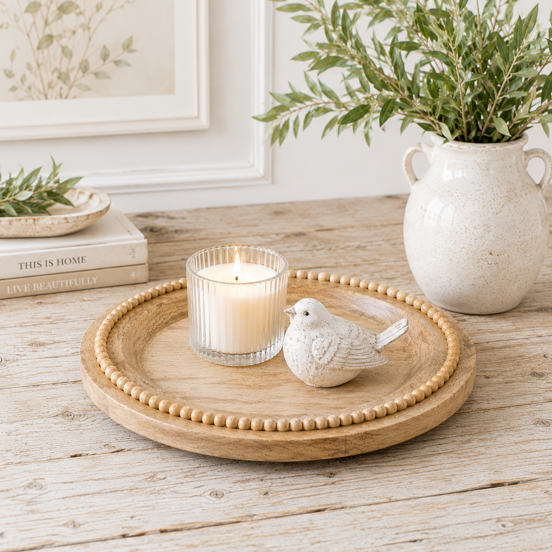 Round Mango Wood Beaded Styling Tray 30cm