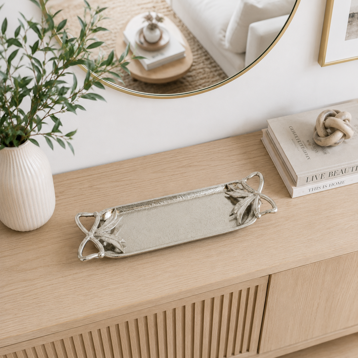 Silver Aluminium Candle Tray with Bow Detail