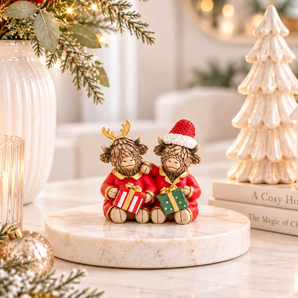 Mini Highland Cow Couple in Christmas Pyjamas