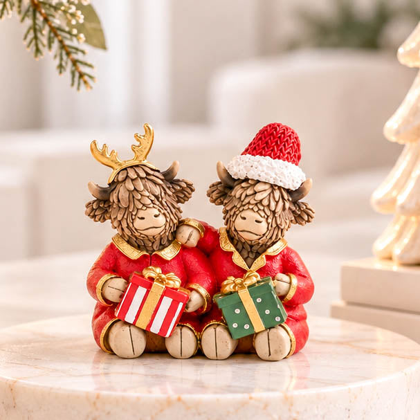 Mini Highland Cow Couple in Christmas Pyjamas