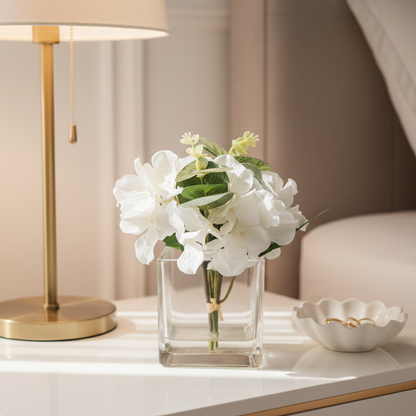 White Hydrangea in Square Vase 17cm