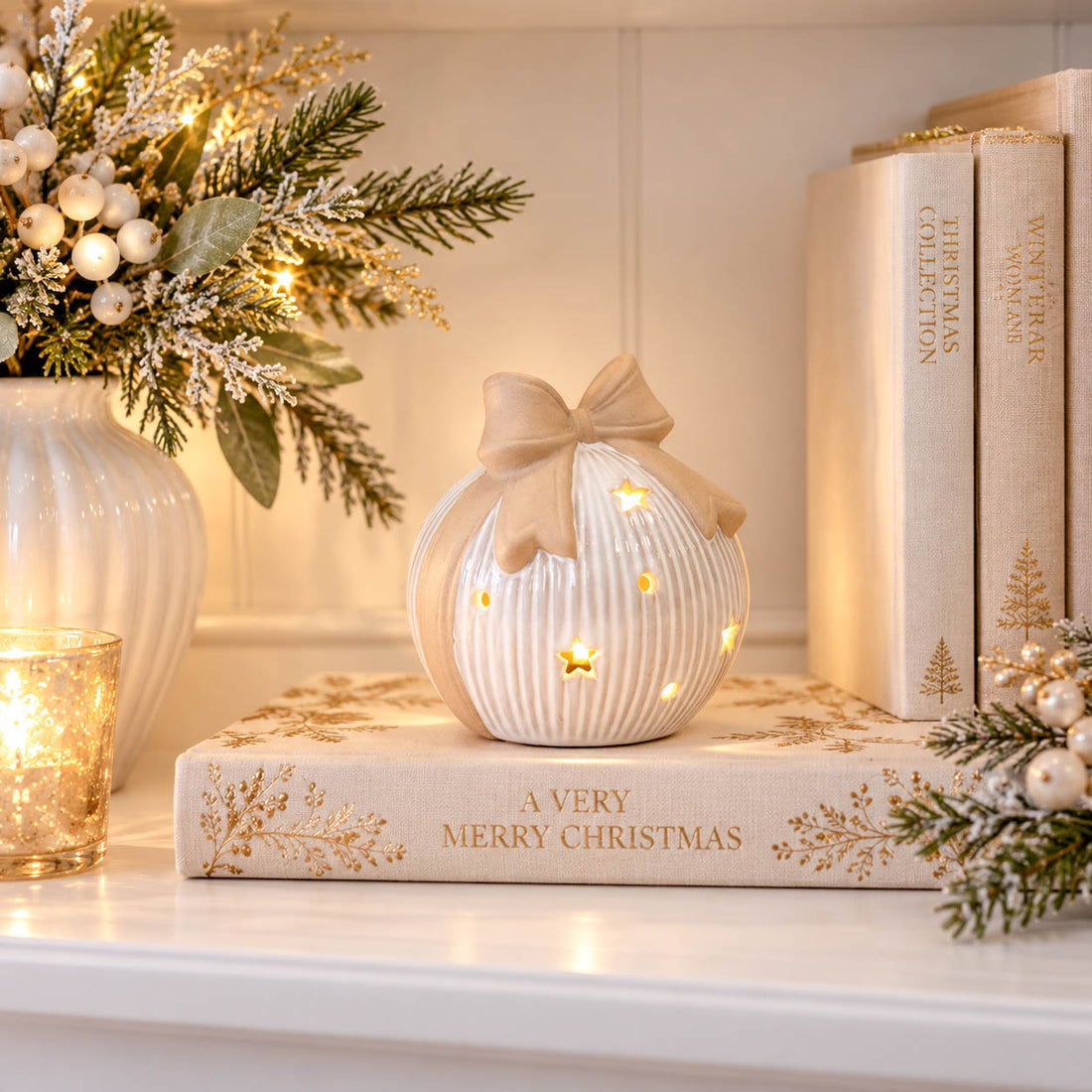Natural Striped LED Bauble with Bow