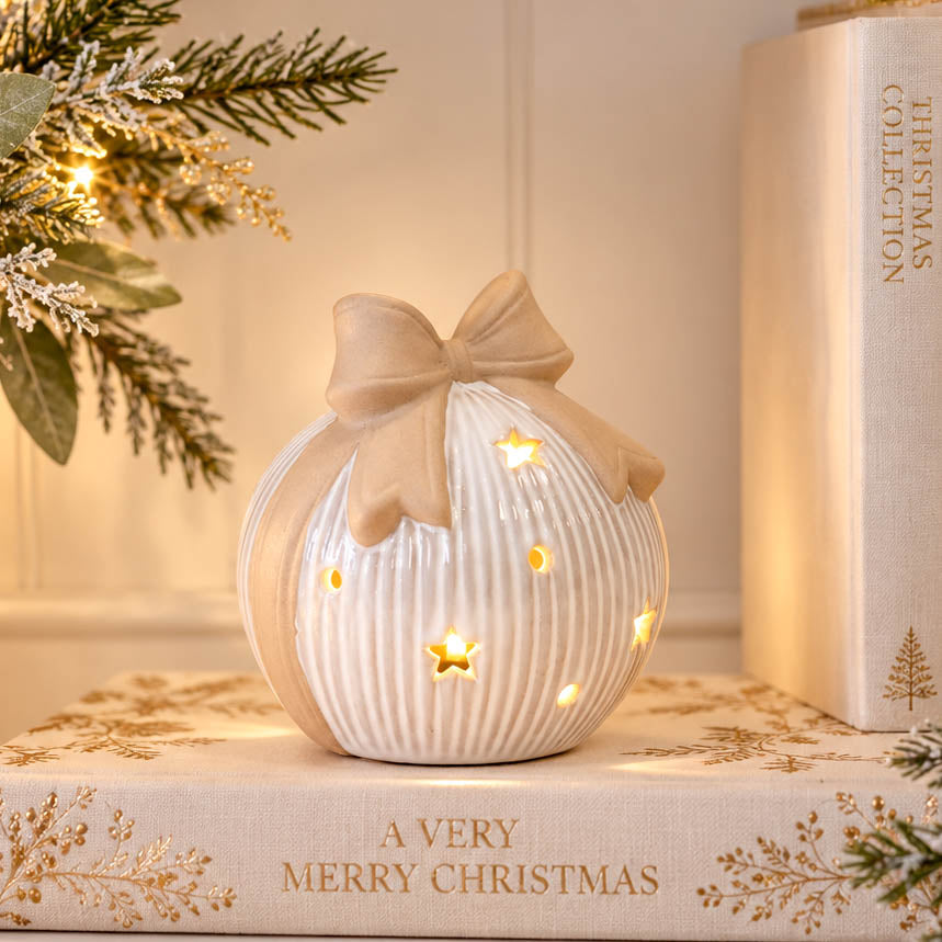 Natural Striped LED Bauble with Bow
