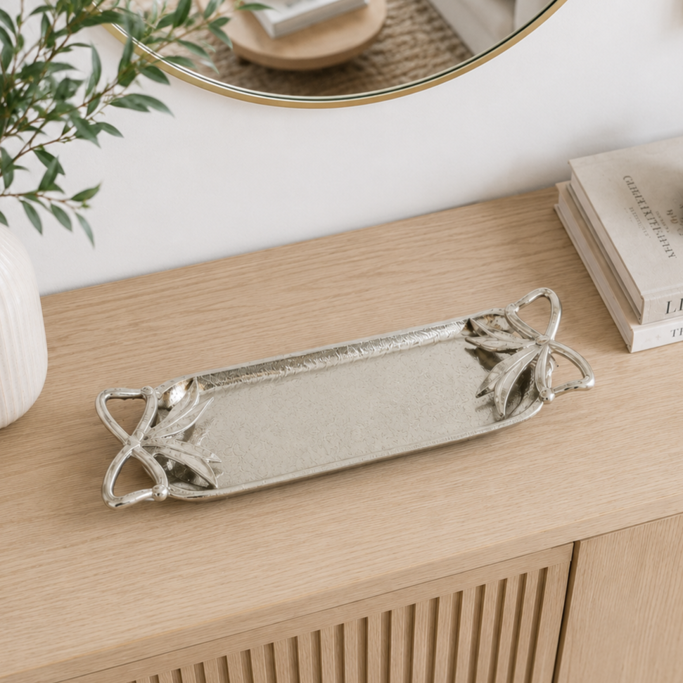 Silver Aluminium Candle Tray with Bow Detail