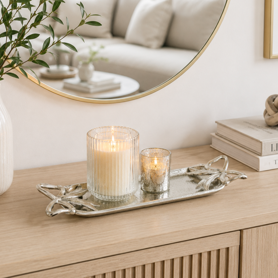 Silver Aluminium Candle Tray with Bow Detail