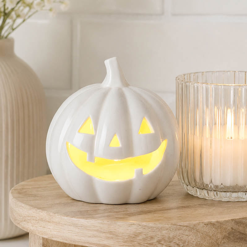 Small White Light Up Porcelain Pumpkin