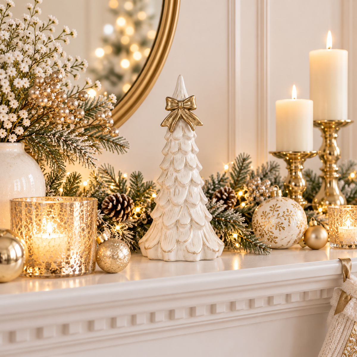 White Ceramic Tree with Gold Bow