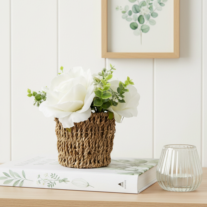 White Roses in Seagrass Basket