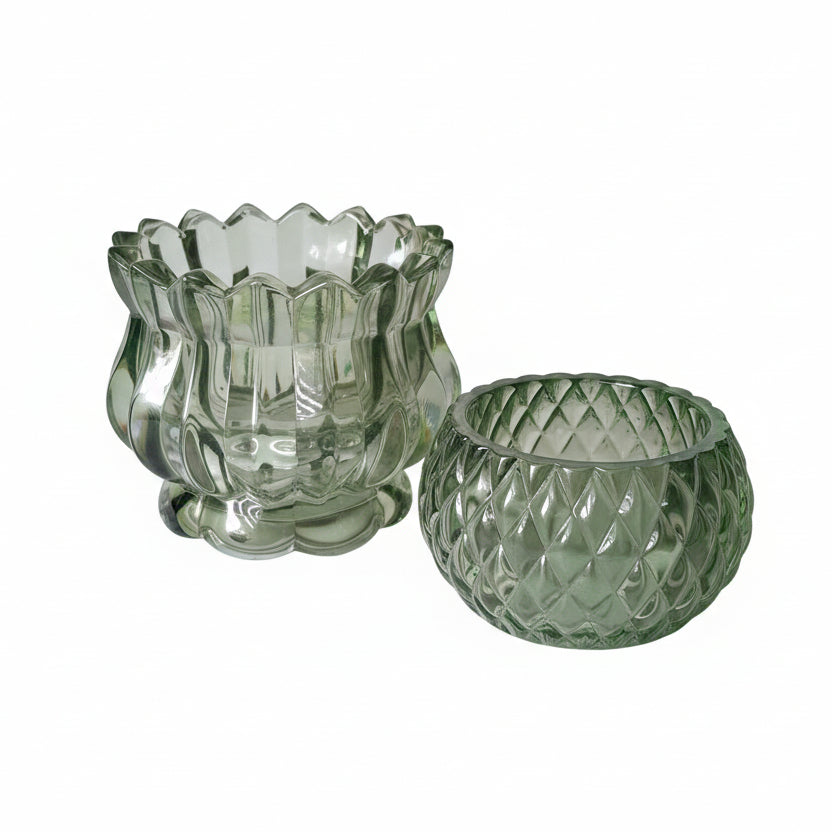 Vintage Green Diamond Cut Glass Tealight Holder
